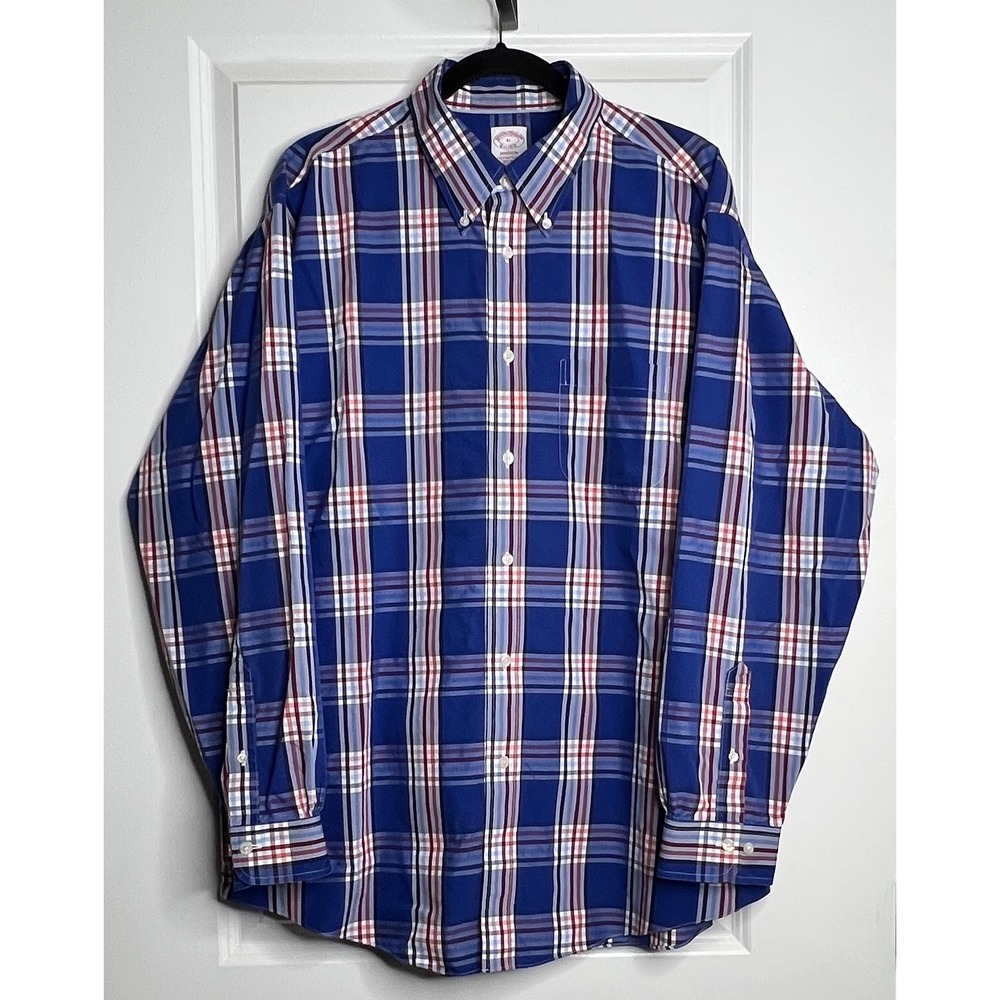 Brooks Brothers Shirt Mens XL Madison Blue Plaid Supima Cotton Non Iron